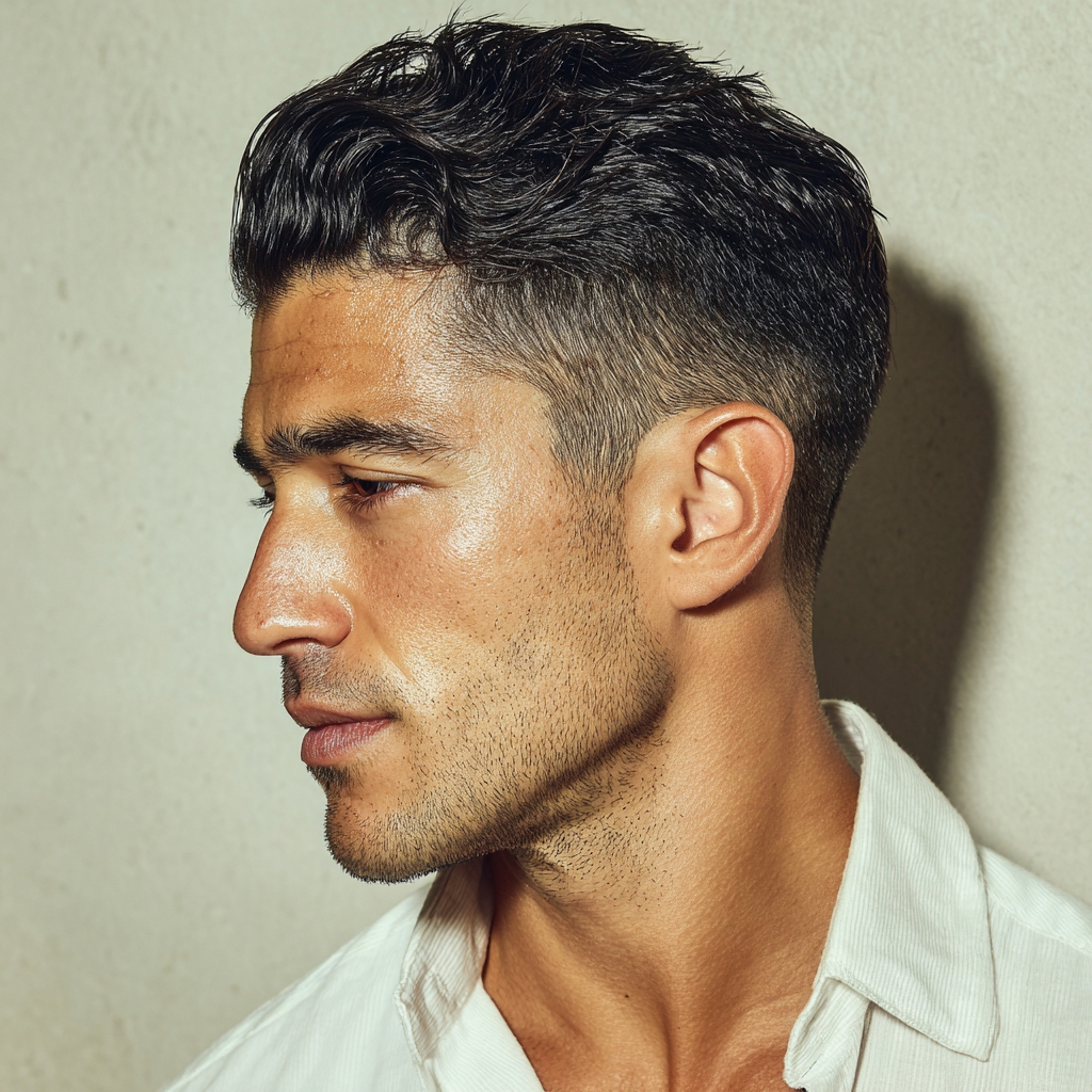 curly slicked-back haircut