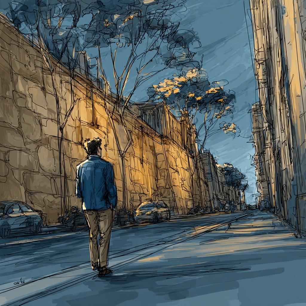 illustration of man walking alone with a relaxed posture, early morning in Barcelona