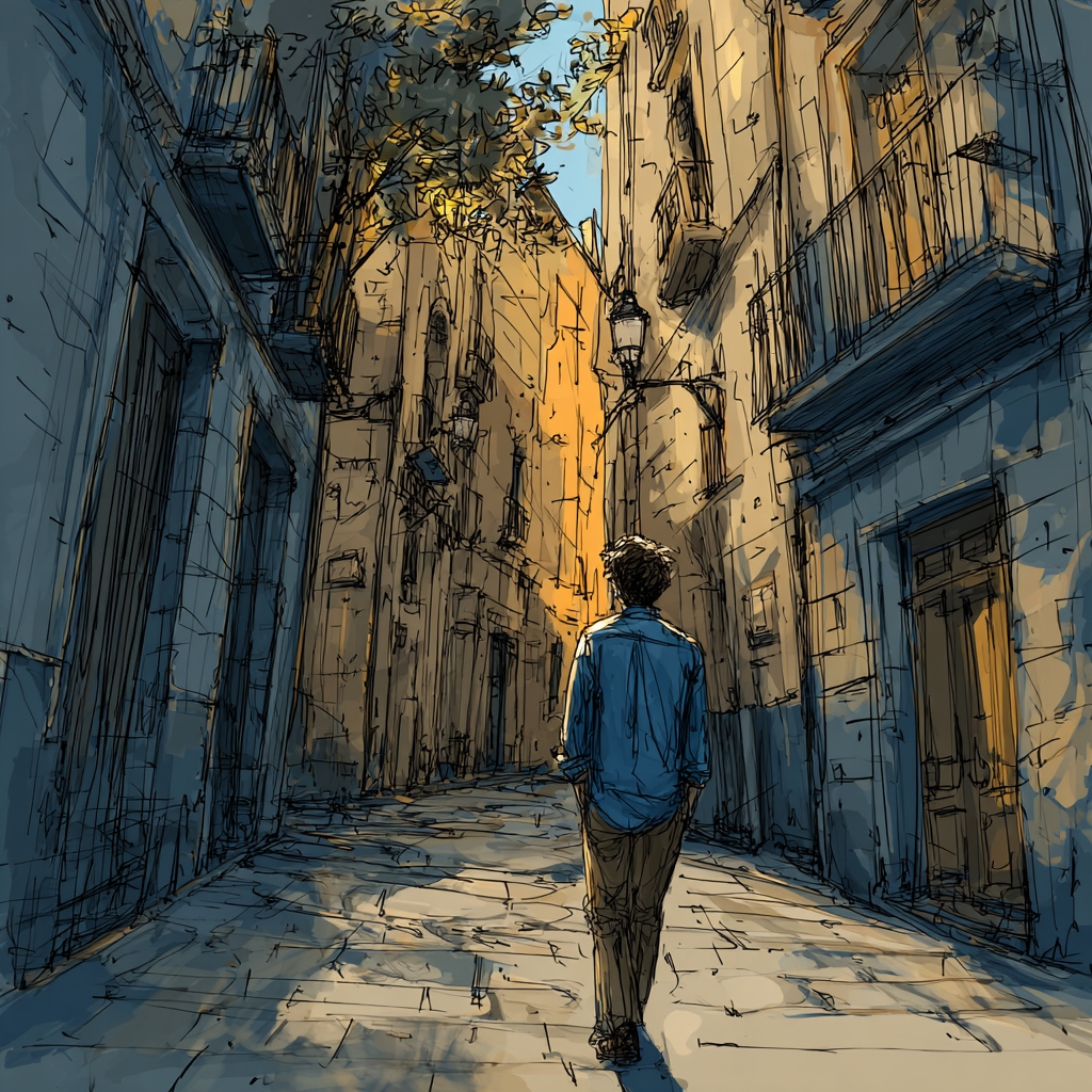 illustration of man walking alone with a relaxed posture, early morning in Barcelona, warm sunlight