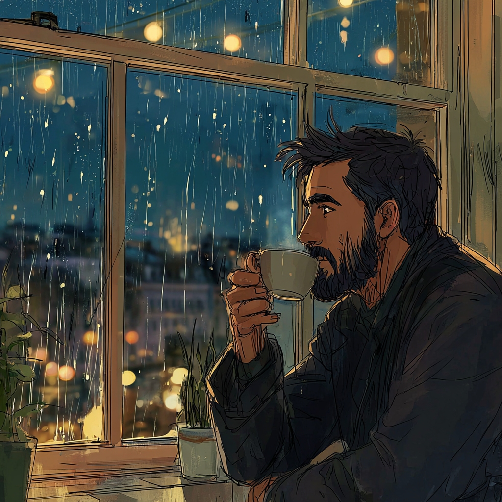 illustration of a guy thinking while having a coffee looking to the city at night, raining