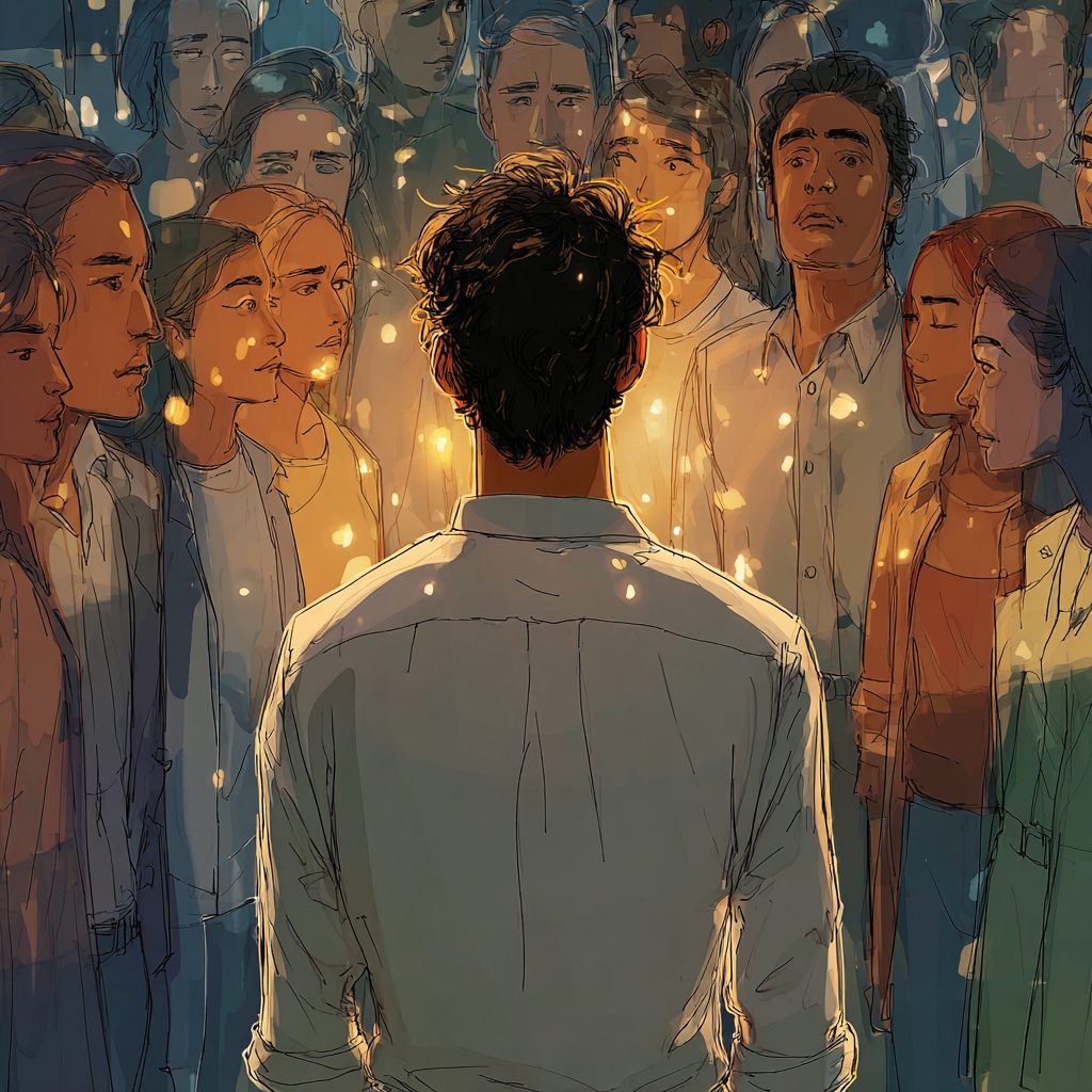 don't take life too seriously, illustration of a man with a halo of light around him