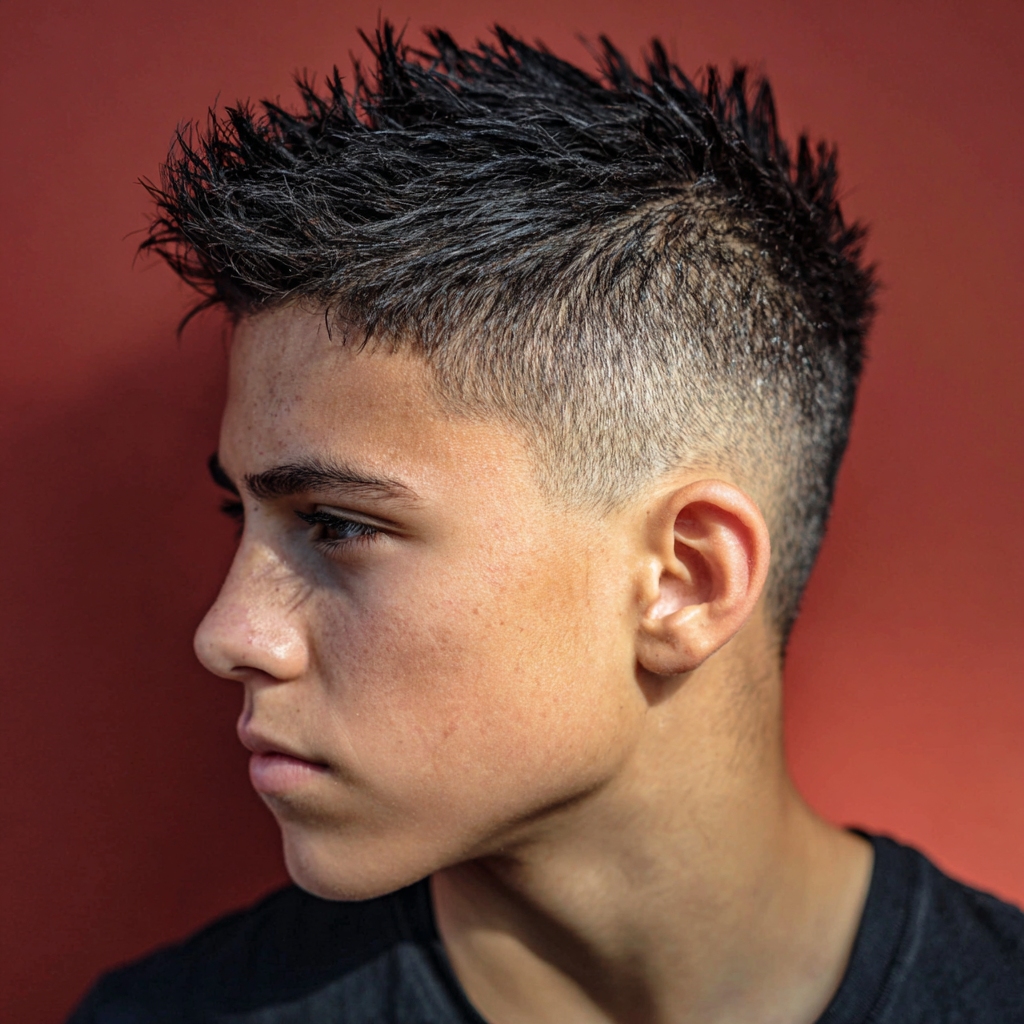 hair for teenager guys: a 13-year-old teen boy with a mohawk and faded sides