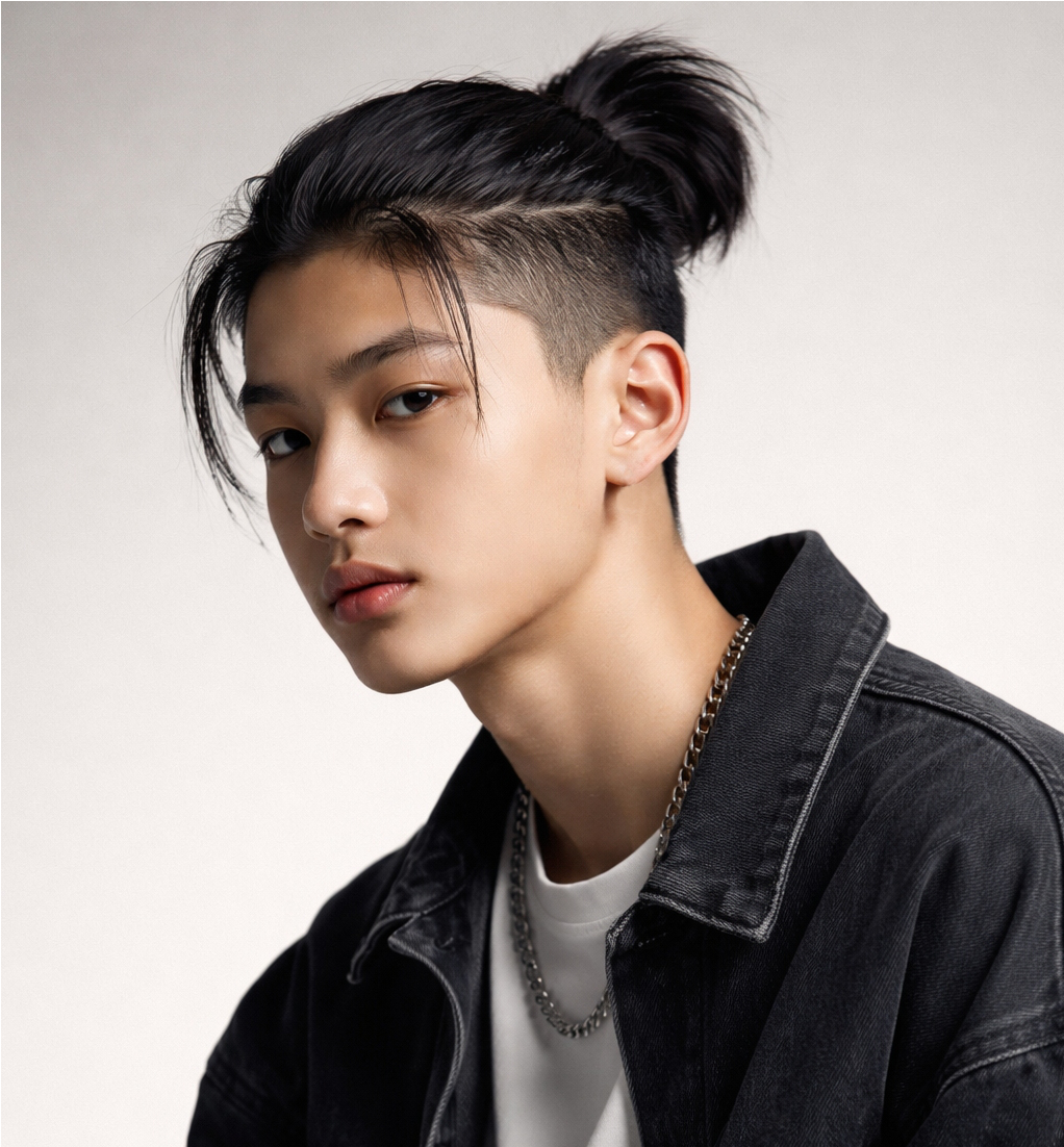 an asian teenager with a man bun haircut