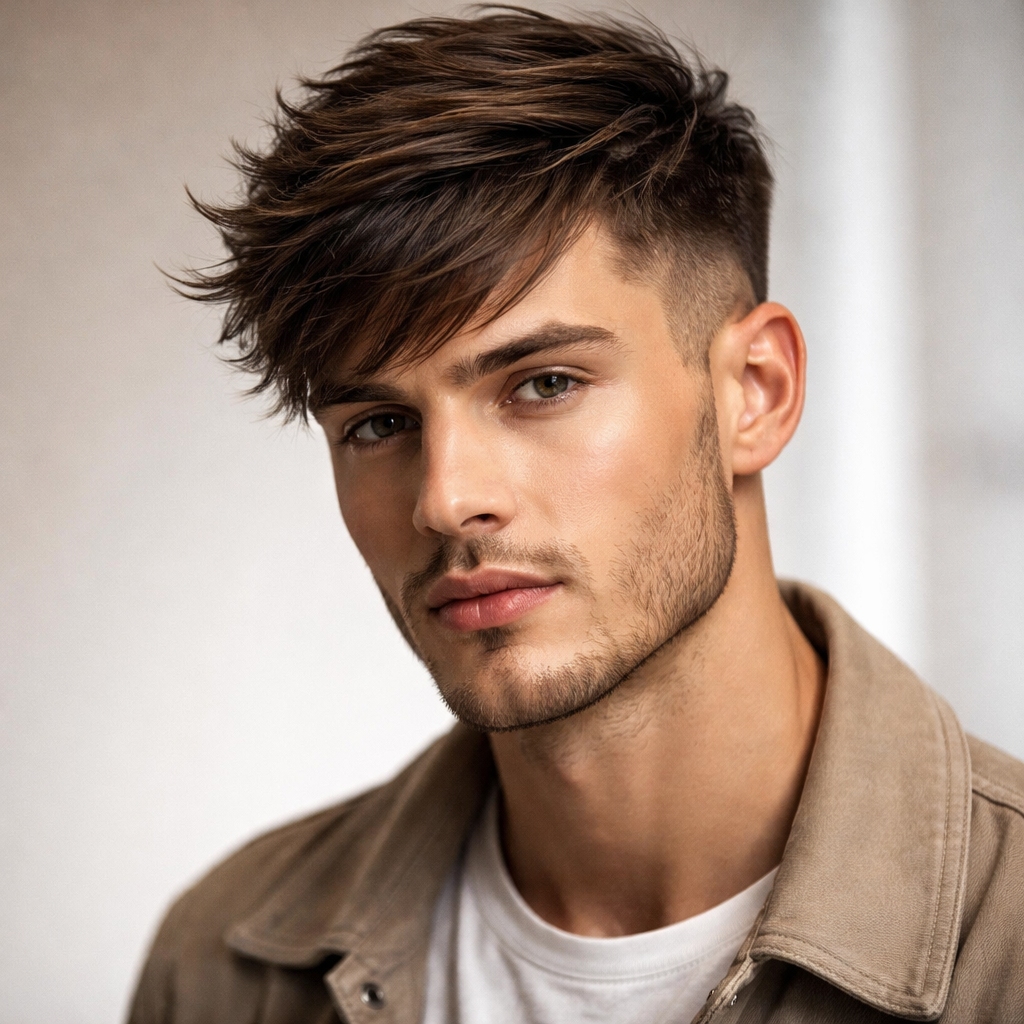 mid fade with side swept fringe hairstyle on a male model