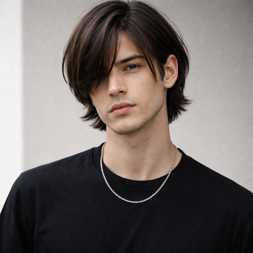 a male model with a bob haircut and side swept fringe