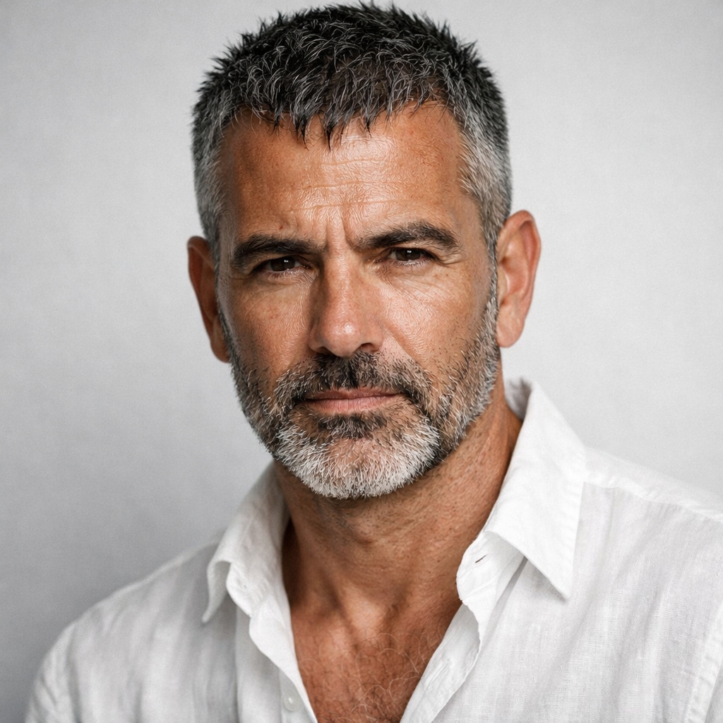 Comb forward haircut for men over 50 with frontal hair recession