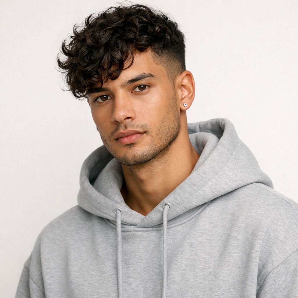 Curly side swept fringe with soft curls brushed to one side for natural volume.