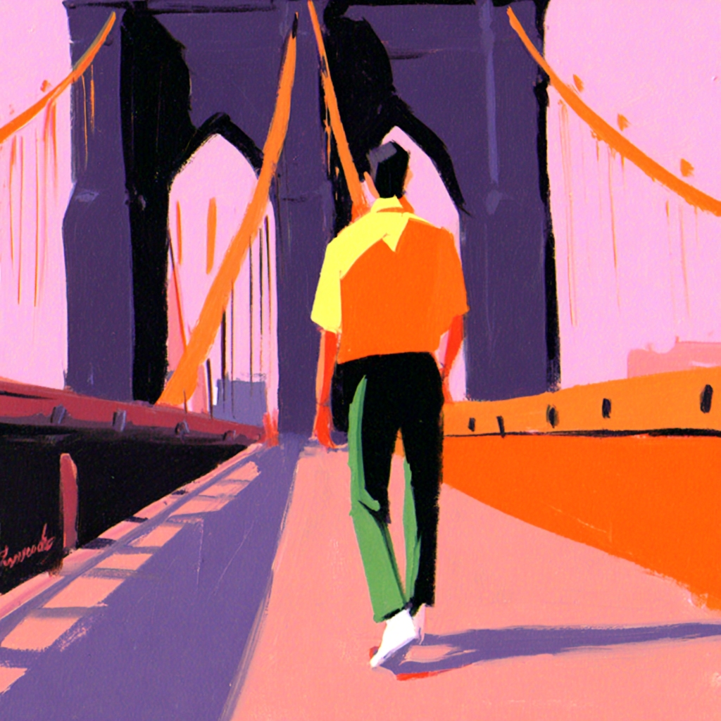 illustration of a man walking alone across the Brooklyn bridge