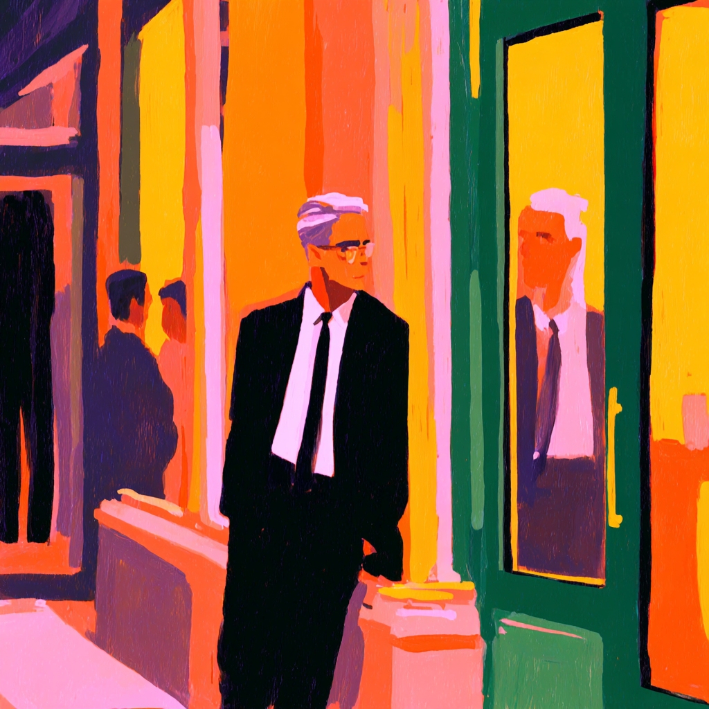 Illustration of man looking at his own reflection in NYC soho