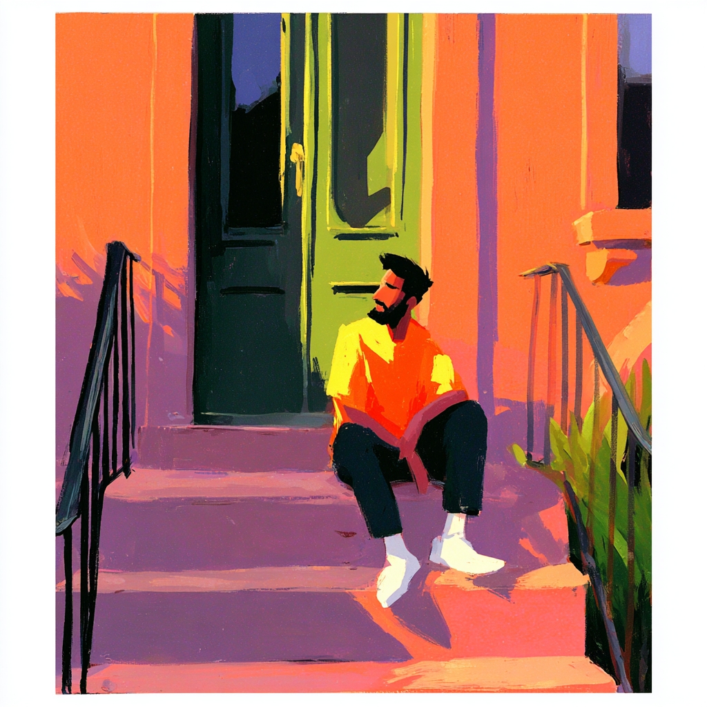 illustration of a man sitting on at the doorsteps of a Brooklyn brownstone