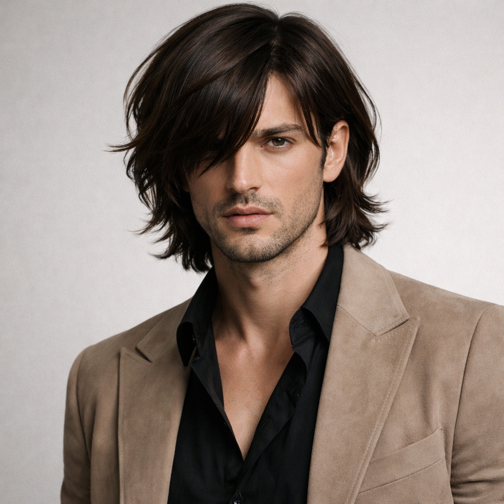 a male model with a long bob with flowing layers and soft volume.