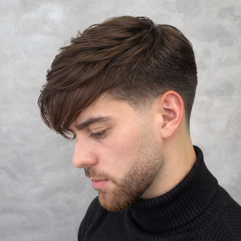 side swept fringe haircut with taper fade