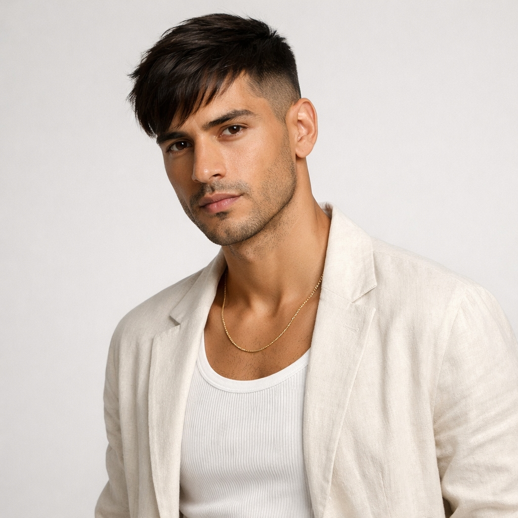 Side swept fringe with modern fade and soft top brushed sideways for clean style.