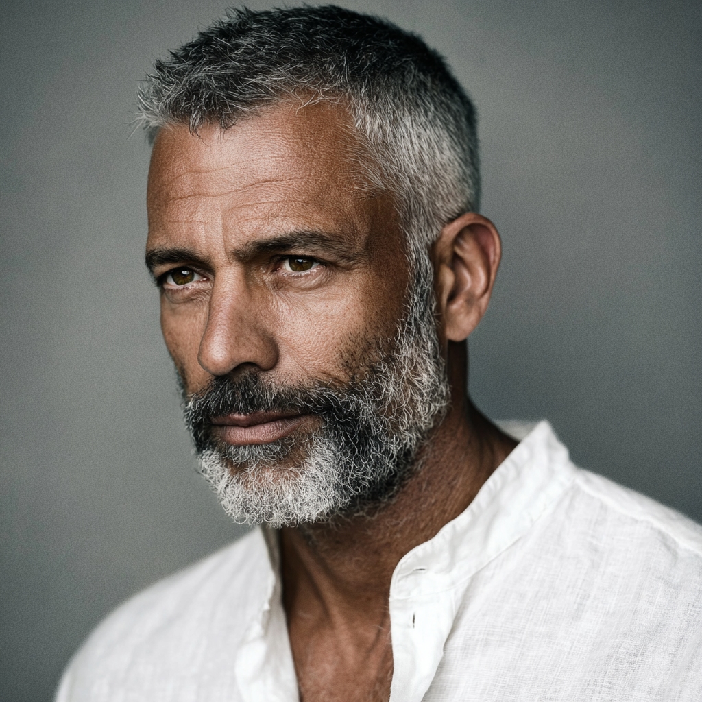 Textured crop with beard for men over 50 with receding hairline