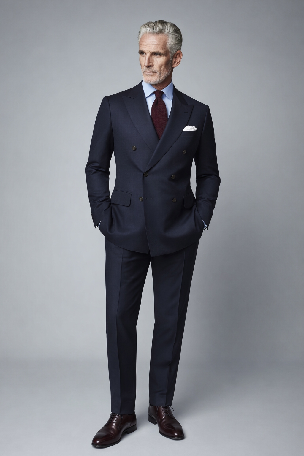 man over 50 in double breasted navy suit