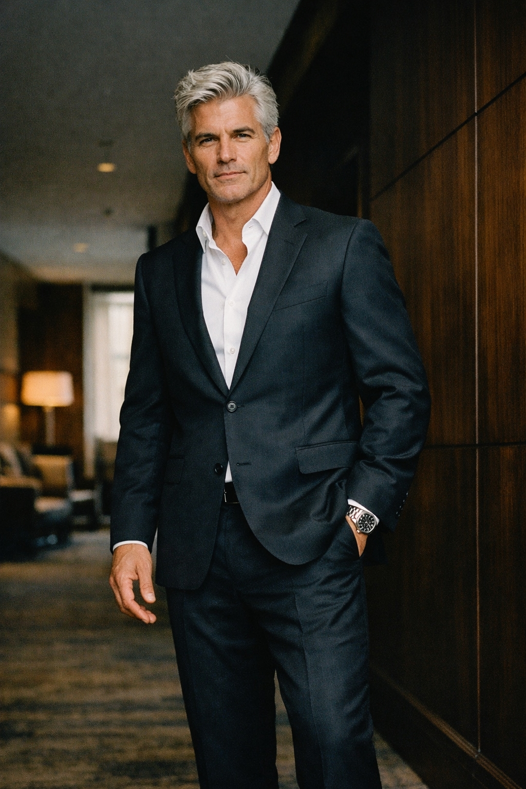 man over 50 wearing charcoal suit open collar no tie