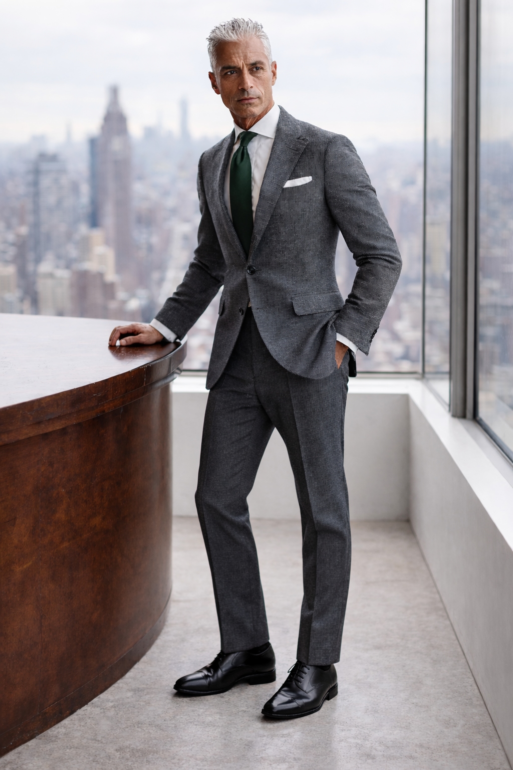 man over 50 in slate blue pinstripe suit