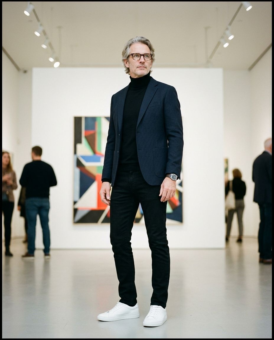 man over 50 in black turtleneck and patterned blazer gallery