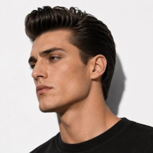 Classic modern pompadour hairstyle, swept back volume, clean contemporary cut side profile