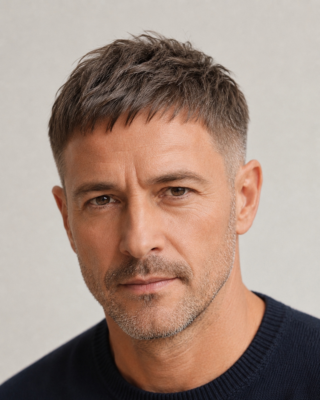 a mature man with gray hair and a french crop hairstyle