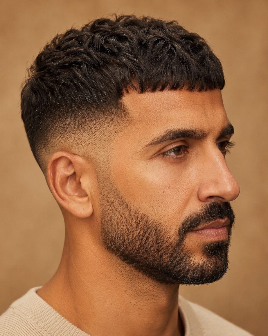 textured french crop haircut with beard