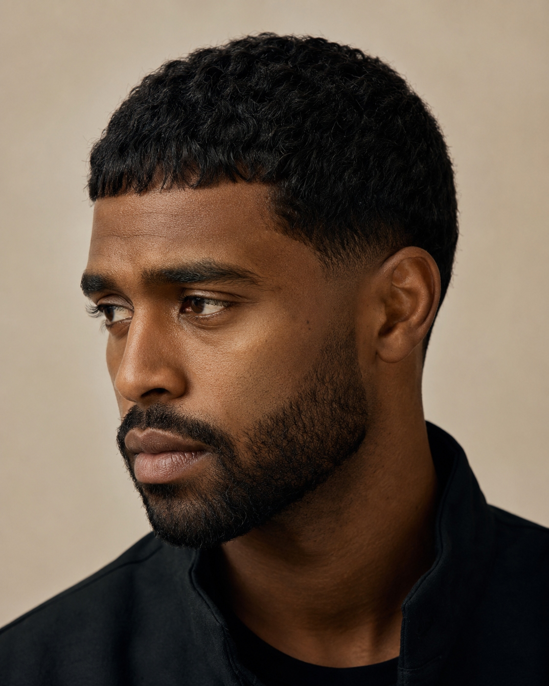 a black male model with a low taper french crop hairstyle