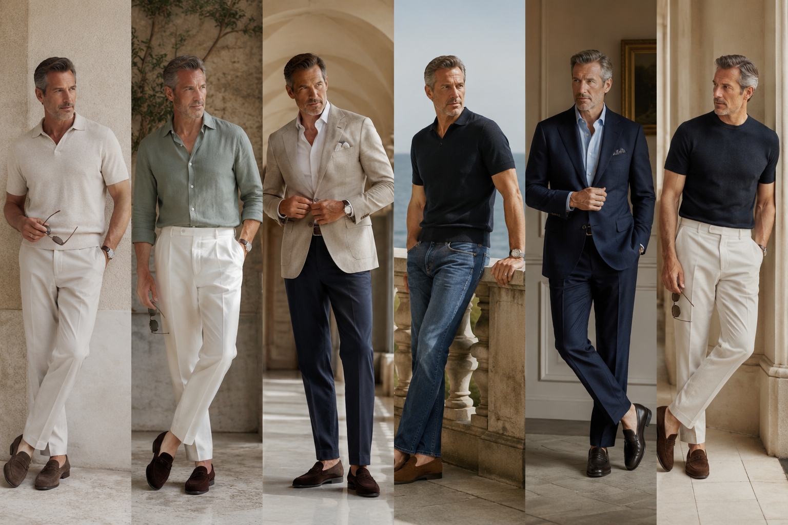 Six outfits showing how men can dress in their 50s with knit polos, linen shirts, blazers, jeans and navy tailoring