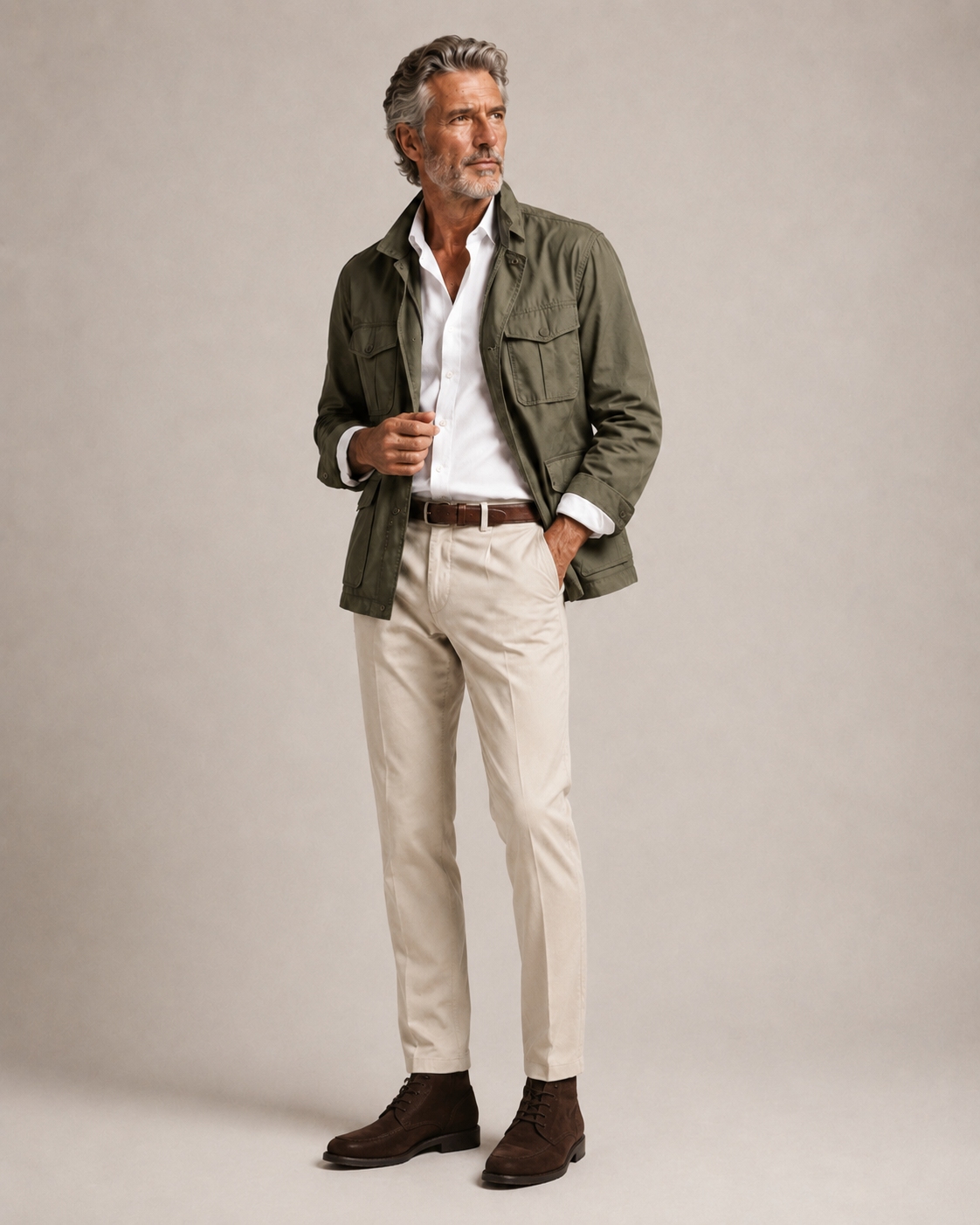Man over 50 wearing an olive field jacket, white shirt, cream trousers and dark brown suede chukka boots