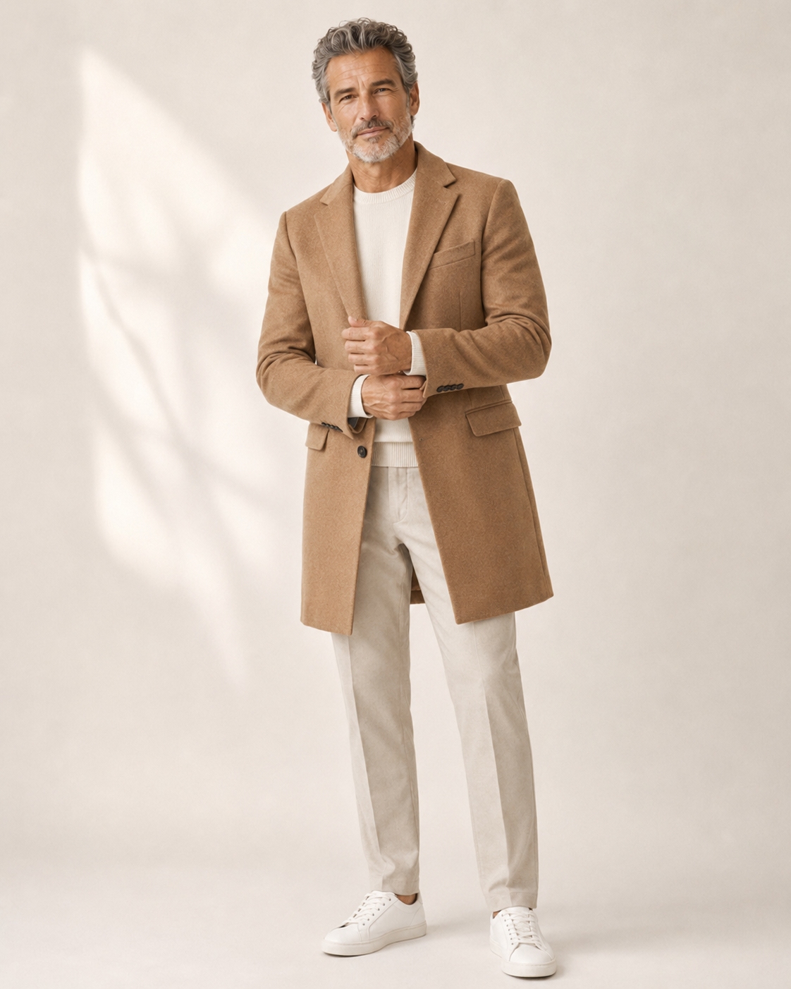 Man over 50 in a camel coat, cream knit, stone trousers and minimal white leather sneakers