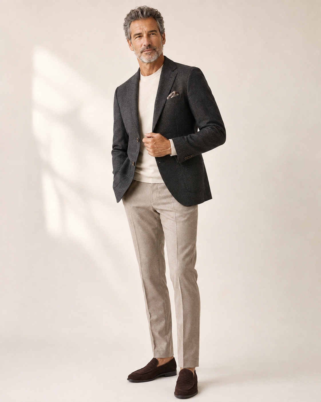 Man over 50 wearing a charcoal blazer, cream crewneck, taupe trousers and brown loafers