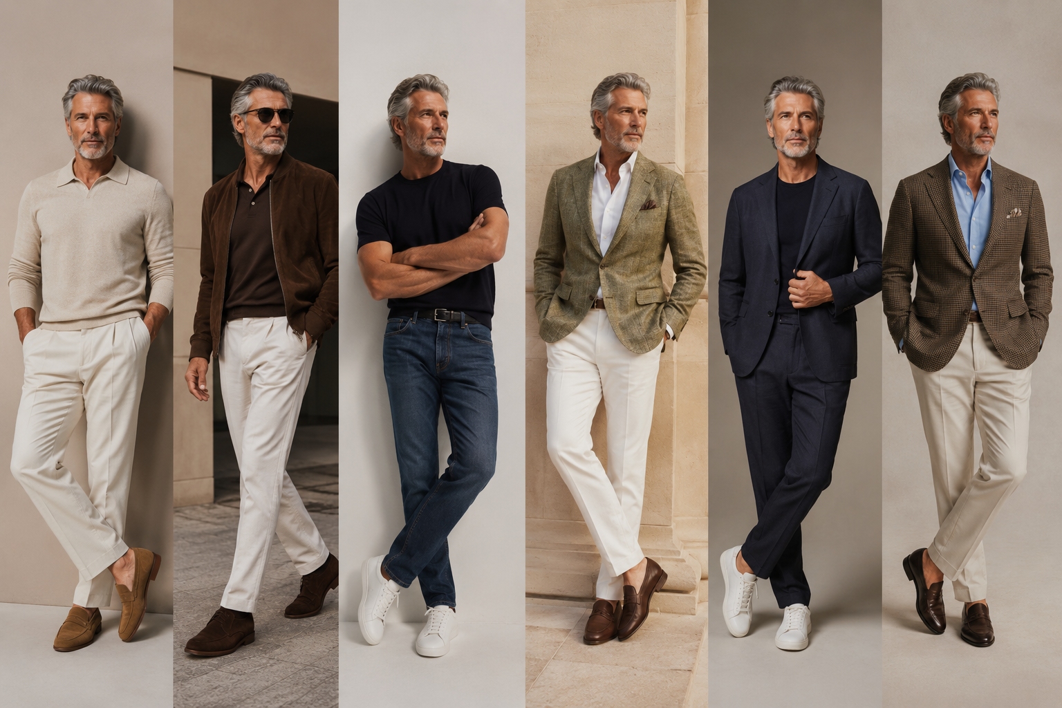 Six men's style formulas after 50 using cream knitwear, dark denim, navy tailoring and neutral blazers