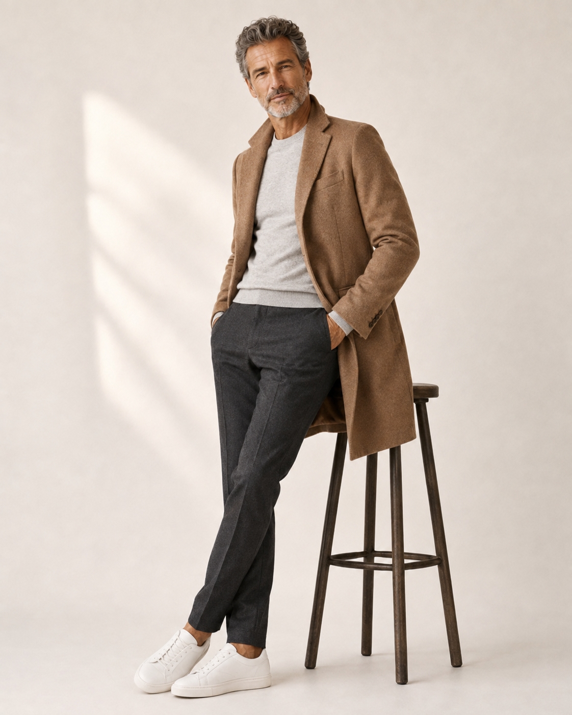Modern outfit for a man over 50 with a camel coat, grey knit, charcoal trousers and white leather sneakers