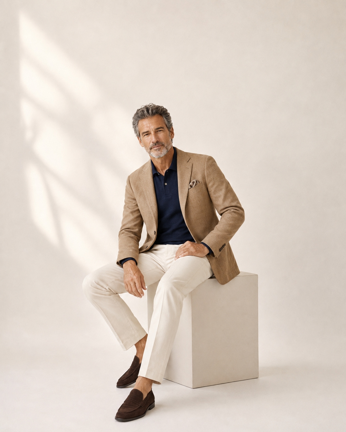 Old-money-inspired outfit for a man over 50 with a tan blazer, navy knit polo, cream trousers and brown loafers