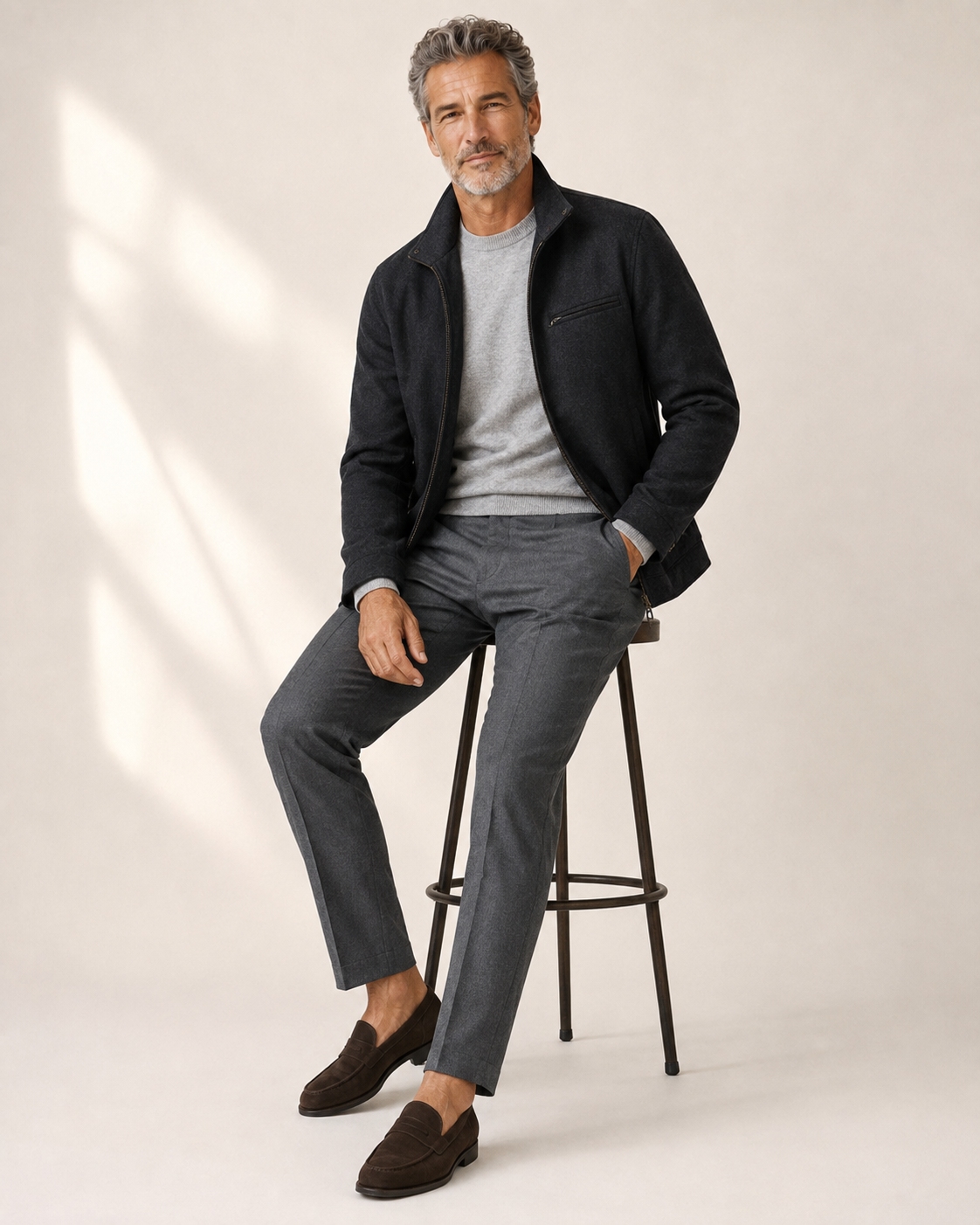 Tonal grey smart-casual outfit for a man over 50 with a dark jacket, light knit, grey trousers and brown loafers