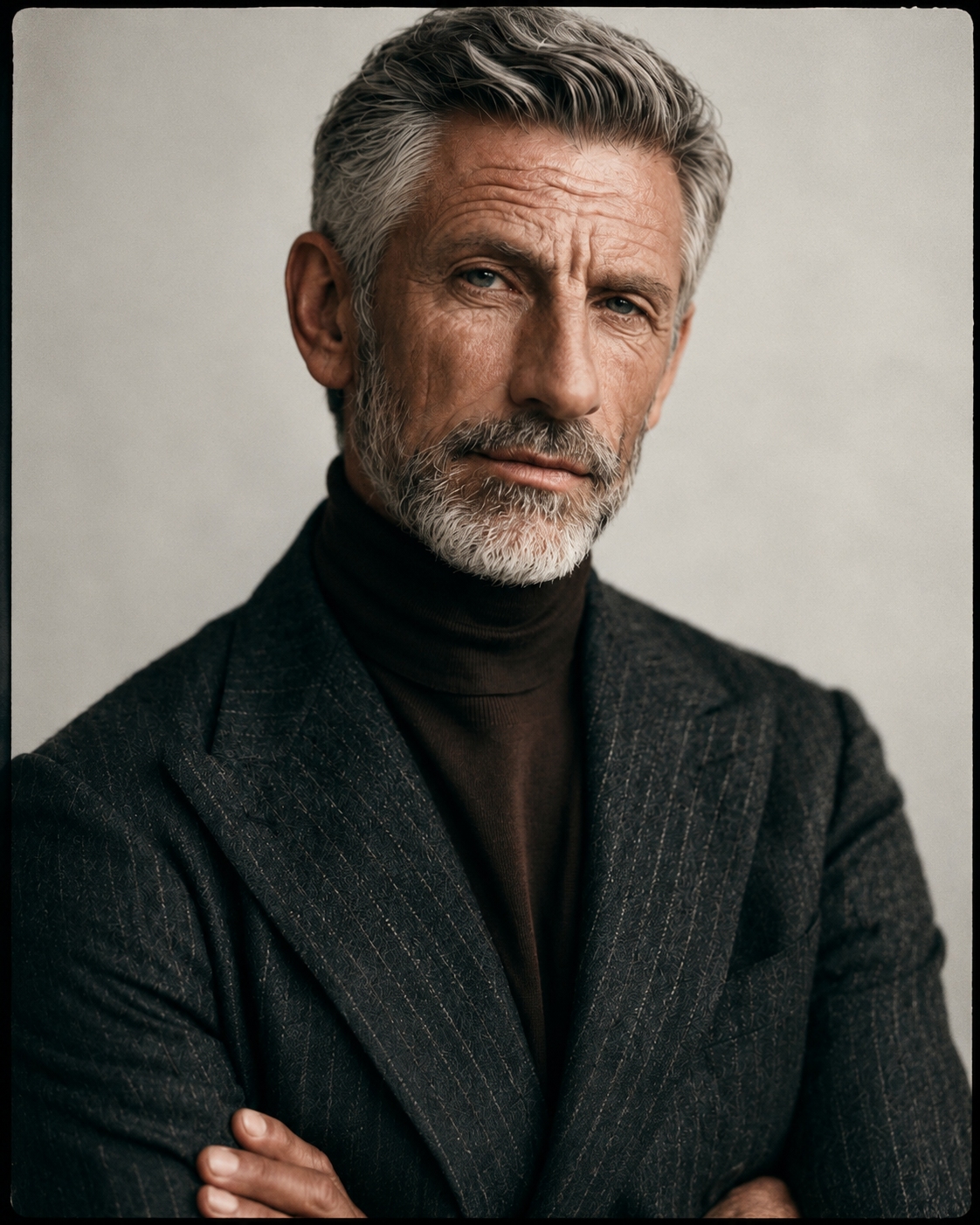 Men's style after 50 — charcoal pinstripe jacket and turtleneck, editorial portrait