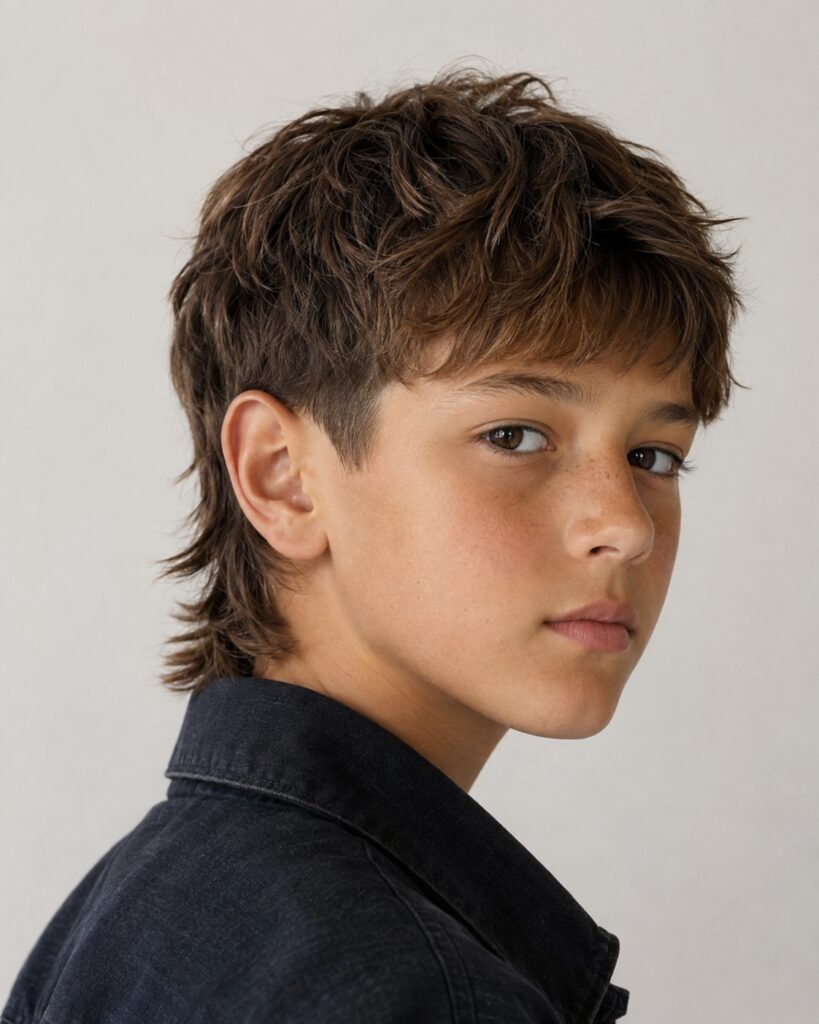 Mullet moderno suave para preadolescente con textura natural