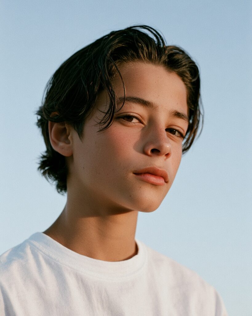 Cabello medio peinado hacia atrás en un corte flow para preadolescente