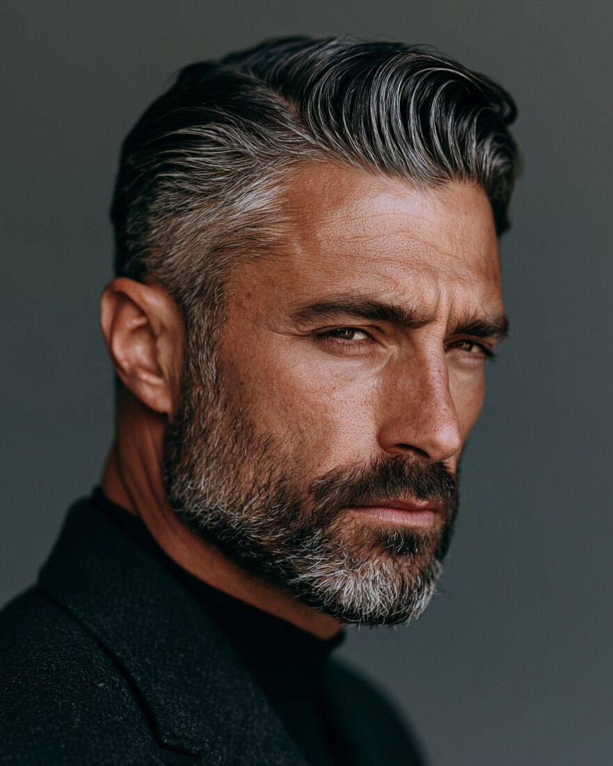 Gray combed-back business haircut with tapered sides and a full salt-and-pepper beard