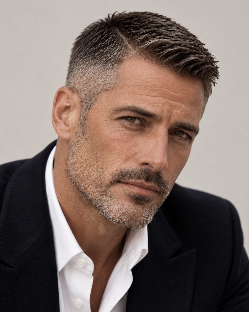 Classic Ivy League business haircut with short tapered sides and side sweep