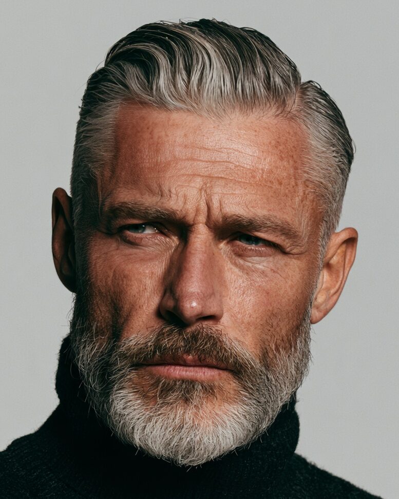 ivy league cut gray hair and beard