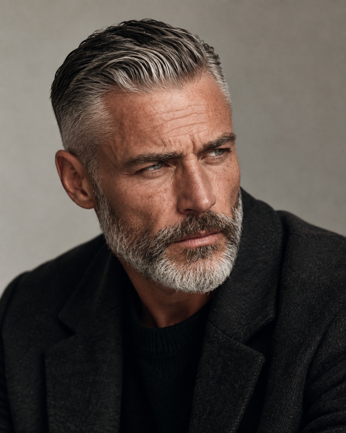 Gray Ivy League haircut with tapered sides and full beard