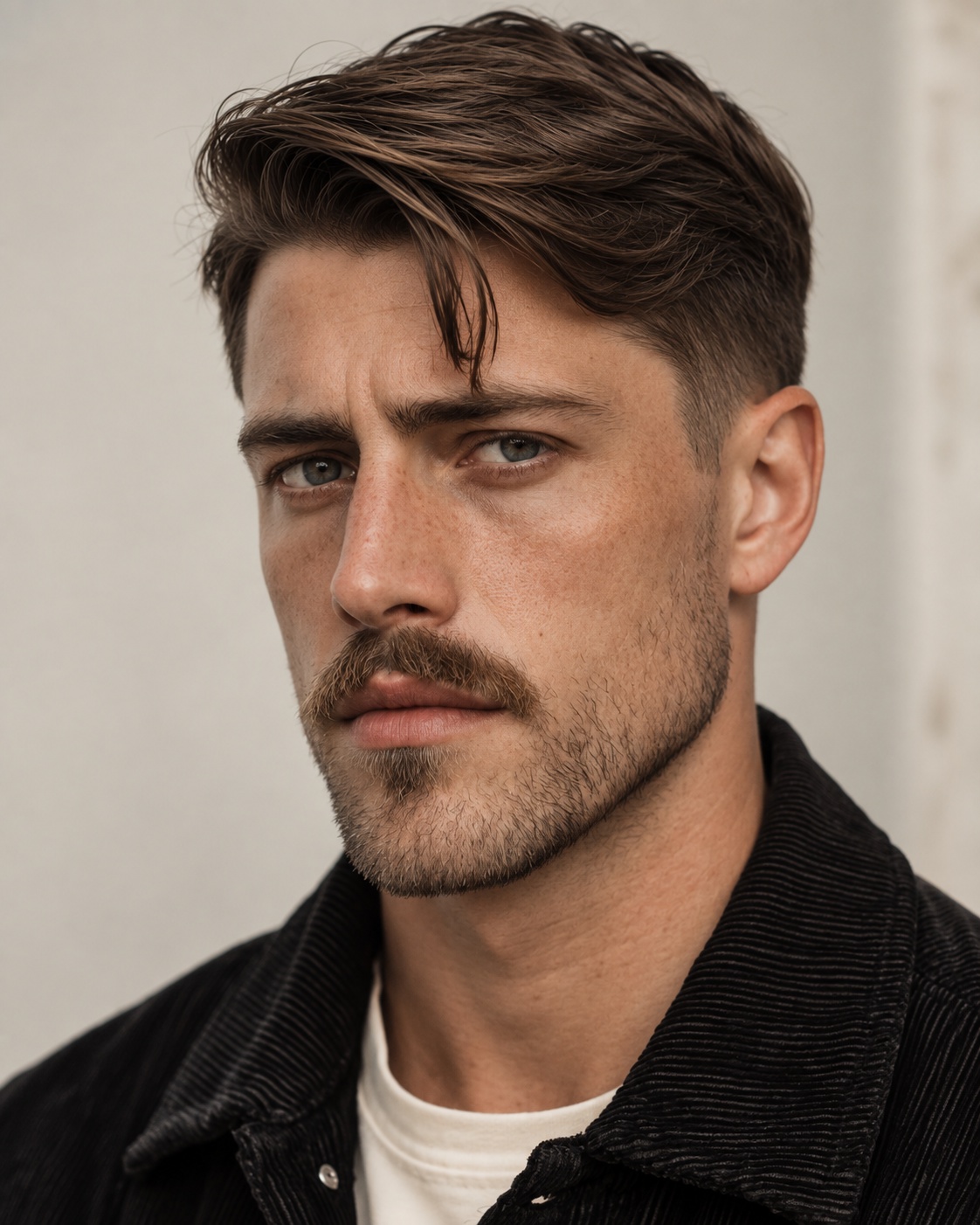 modern ivy league haircut with mustache