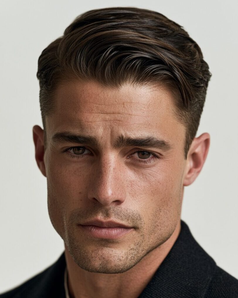 Princeton Ivy League cut with longer top swept to the side
