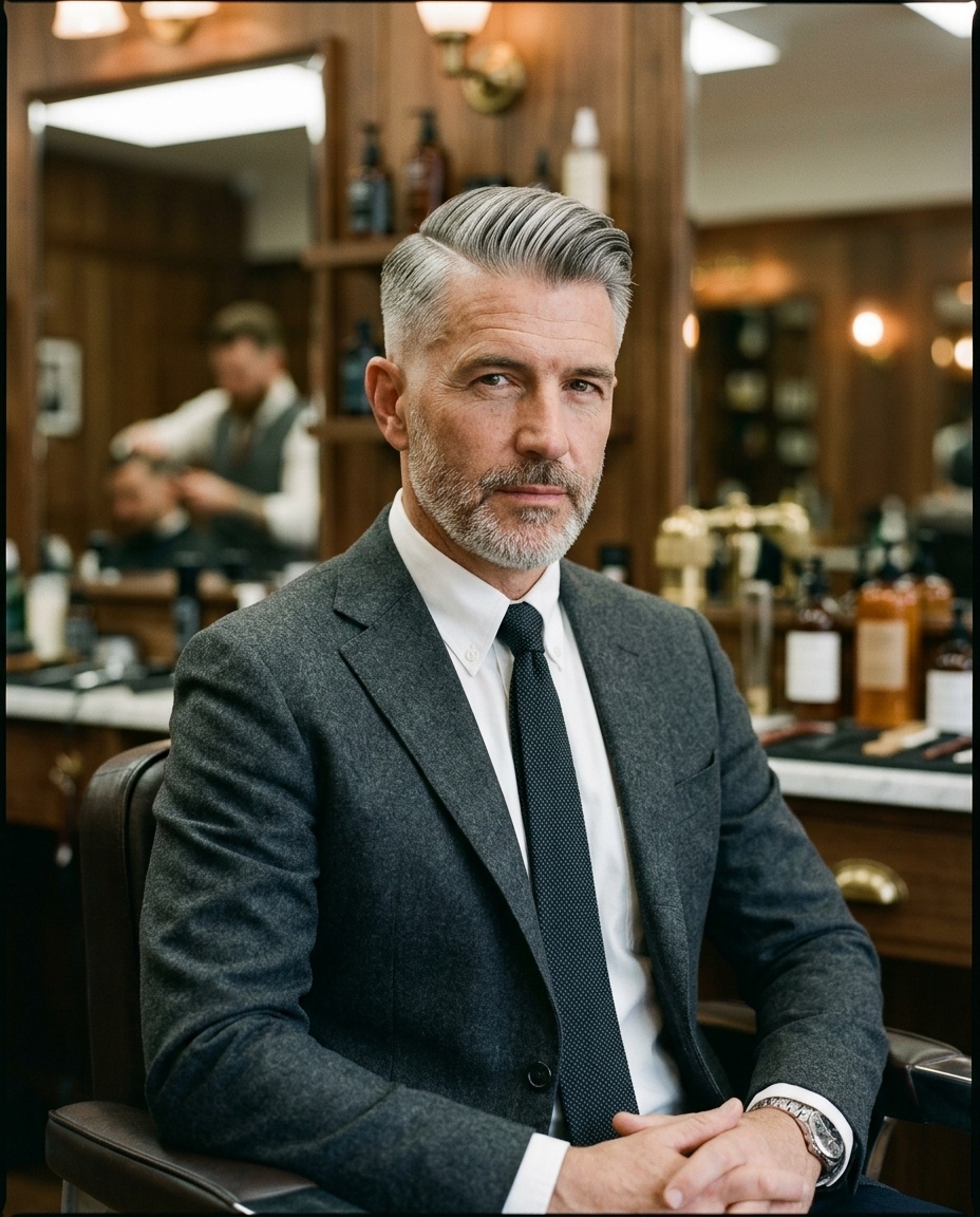 Gray-haired man in a charcoal suit and tie seated in a barbershop