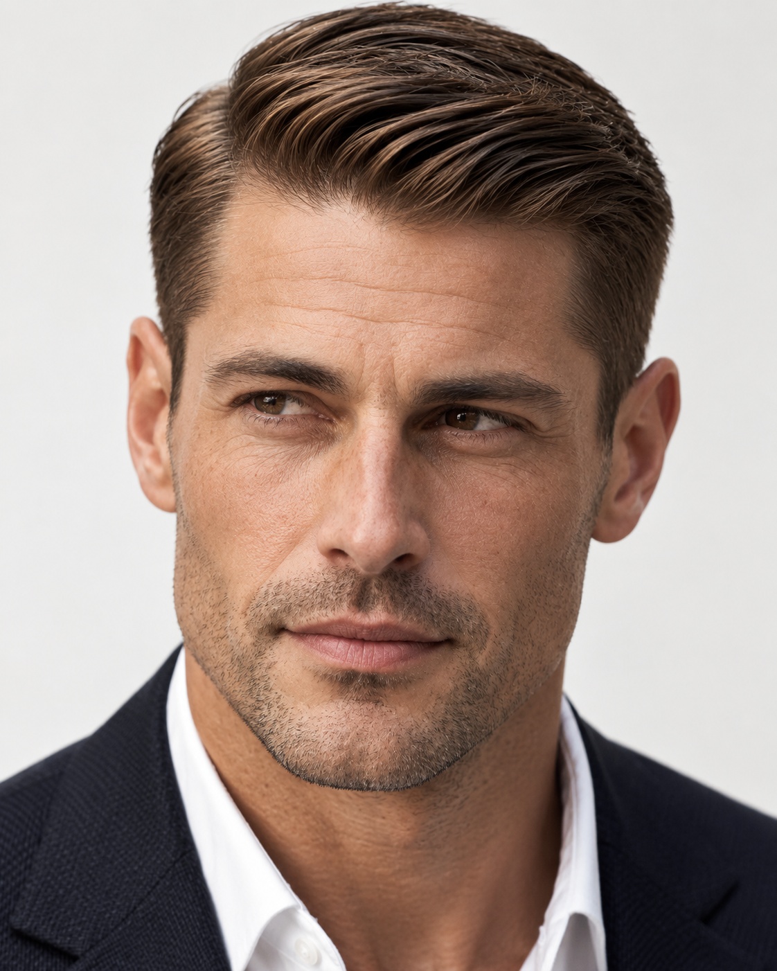 Formal Ivy League haircut with neat side part and scissor taper