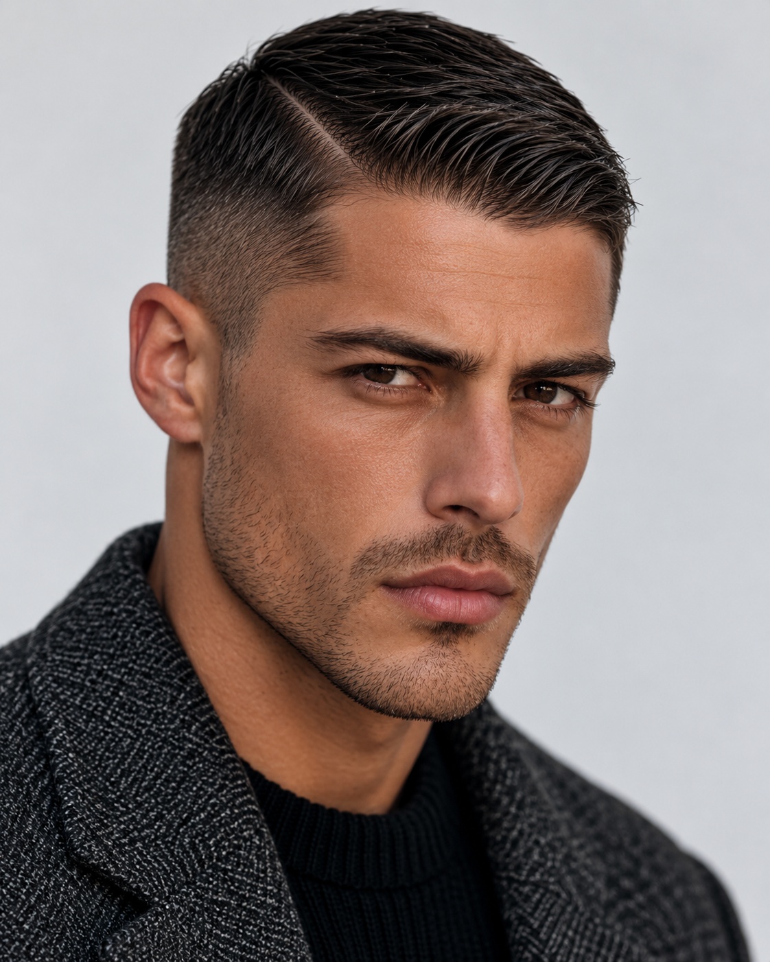Short Ivy League haircut close to a crew cut with a small side part
