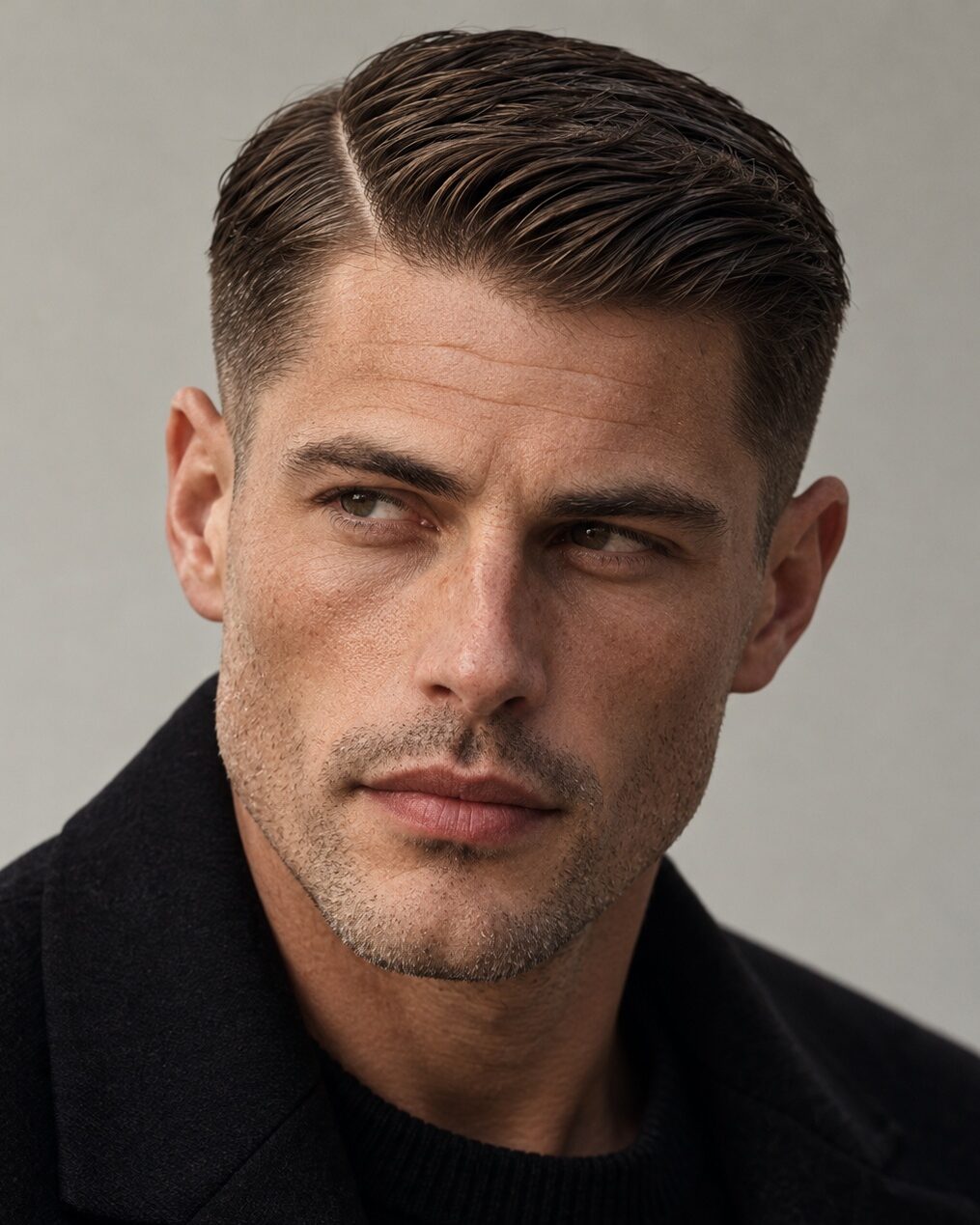 Traditional haircut with side part and tapered sides