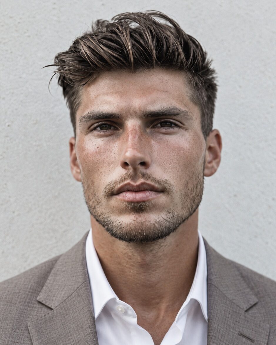Brushed-up business taper with a textured, finger-styled top and tapered sides, worn with a taupe blazer and open white shirt