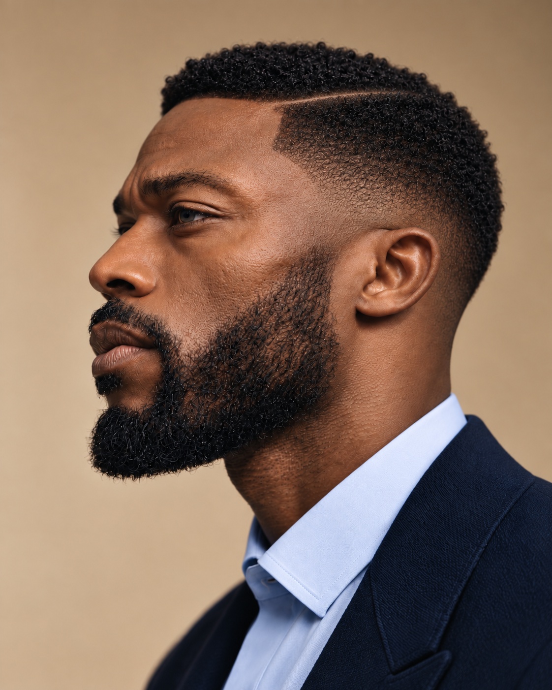 Low business fade with defined side part and full beard