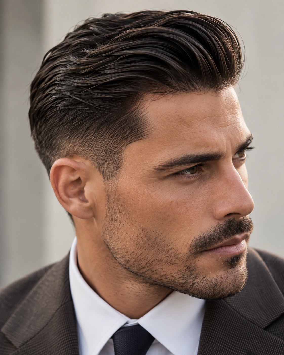 Classic slick back with soft shine and connected tapered sides, worn with a suit and tie